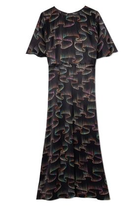 Ribbon Print Dress - Black